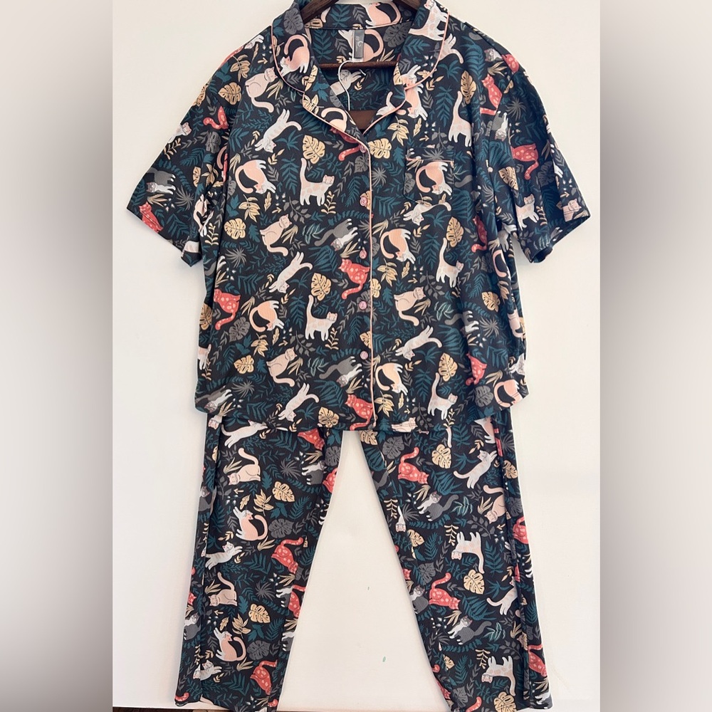 PJ Couture Womens Large Cat Print Pajama Set Button Down Cozy Lounge - Picture 2 of 10